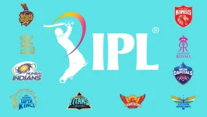 IPL logo in the center surrounded by logos of all Indian Premier League teams on a blue background