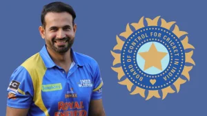 Irfan Pathan wearing India Legends jersey next to the BCCI logo