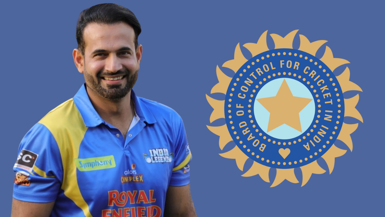 Irfan Pathan wearing India Legends jersey next to the BCCI logo