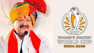 Kailash Vijayvargiya speaking at an event alongside the ICC Women’s Cricket World Cup India 2025 logo