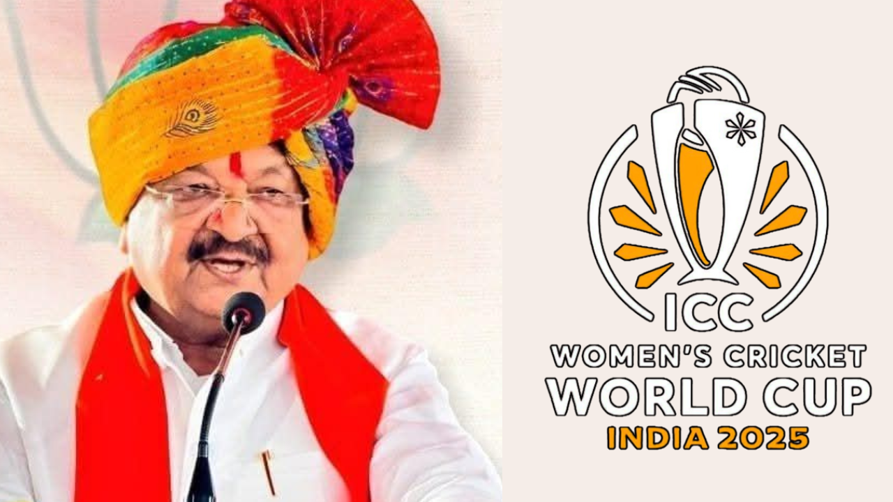 Kailash Vijayvargiya speaking at an event alongside the ICC Women’s Cricket World Cup India 2025 logo