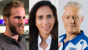 Side-by-side portraits of Kane Williamson, Aarti Dabas, and Gavin Larsen, prominent figures in international cricket leadership and administration.