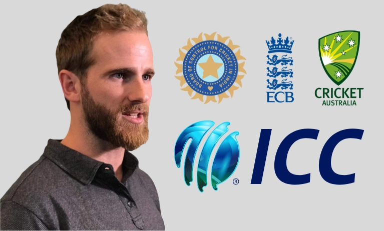 Kane Williamson alongside logos of ICC, BCCI, ECB, and Cricket Australia on a grey background