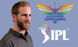 Kane Williamson alongside Lucknow Super Giants and IPL logos on a blue background.