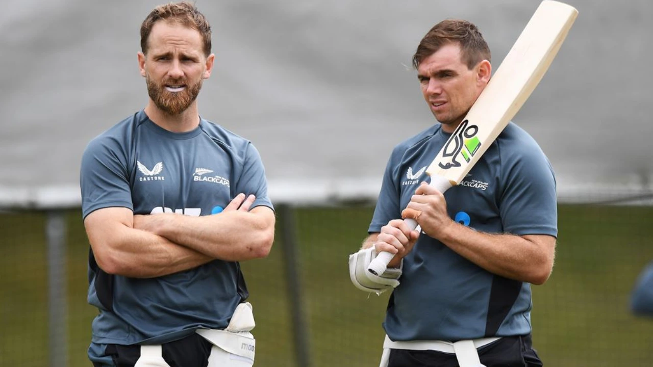 New Zealand cricketers Kane Williamson and Tom Latham during a training session, wearing Black Caps practice kits