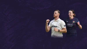 Cricketers Kate Cross and Tom Taylor celebrating in their team kits on a dark purple textured background.