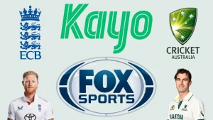 Kayo Sports and Fox Sports logos with ECB and Cricket Australia emblems, featuring Ben Stokes and Pat Cummins ahead of Ashes broadcast.