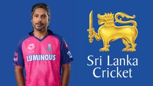 Kumar Sangakkara in Rajasthan Royals jersey standing beside the Sri Lanka Cricket logo on a blue background