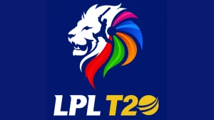 Lanka Premier League (LPL) T20 logo with a white lion, colorful mane, and cricket batter silhouette on a dark blue background.