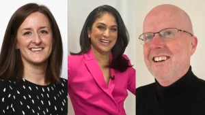 Portrait of Laura Entwistle, Lisa Sthalekar, and Mark West smiling in a side-by-side collage.