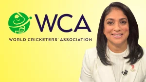 Lisa Sthalekar smiling beside the World Cricketers’ Association (WCA) logo on a yellow background.
