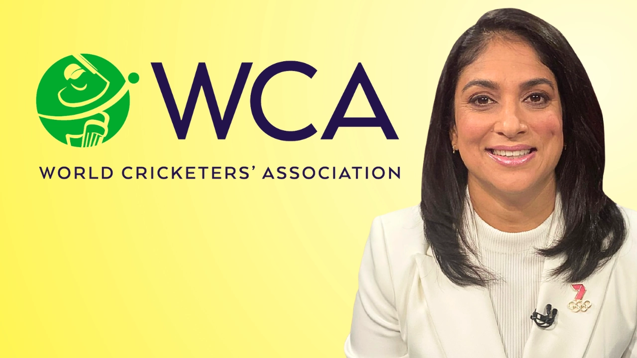 Lisa Sthalekar smiling beside the World Cricketers’ Association (WCA) logo on a yellow background.