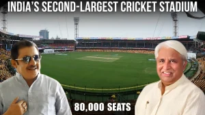M. Chinnaswamy Stadium with B. Z. Zameer Ahmed Khan and H. K. Patil, highlighting India’s second-largest cricket stadium with 80,000 seats.