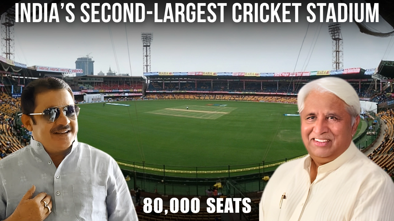 M. Chinnaswamy Stadium with B. Z. Zameer Ahmed Khan and H. K. Patil, highlighting India’s second-largest cricket stadium with 80,000 seats.