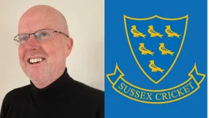 Mark West smiling alongside the Sussex Cricket logo on a blue background.