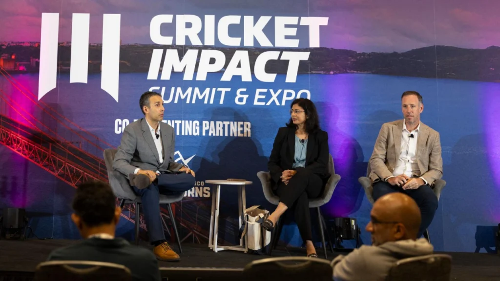 Mayuri Mukherjee and David White join Zaidi on stage at the Cricket Impact Summit and Expo to discuss strategies for winning sponsorships