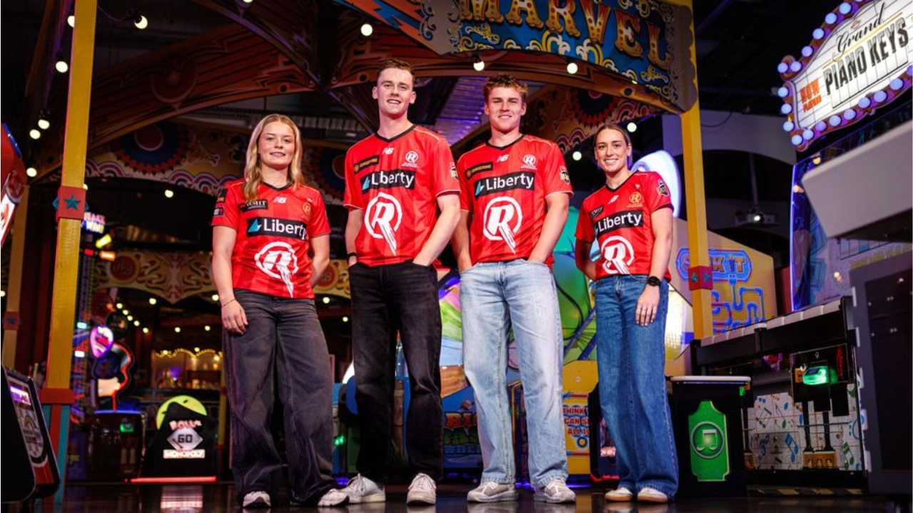 Melbourne Renegades cricketers wearing New Balance playing kits at an indoor venue