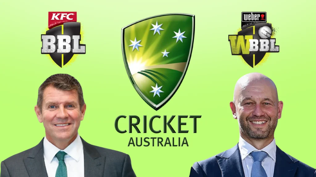 Mike Baird and Todd Greenberg pictured with Cricket Australia, BBL, and WBBL logos on a green background