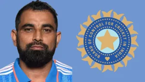 Mohammed Shami in Indian cricket team jersey with BCCI logo on blue background
