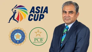 Mohsin Naqvi with Asia Cup, BCCI, and PCB logos in the background