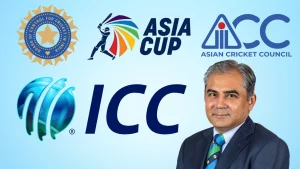 Mohsin Naqvi with ICC, Asia Cup, ACC, and BCCI logos on a blue background