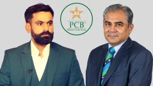 Mohsin Naqvi and Mohammad Hafeez in formal attire with Pakistan Cricket Board (PCB) logo in the center on a grey background.