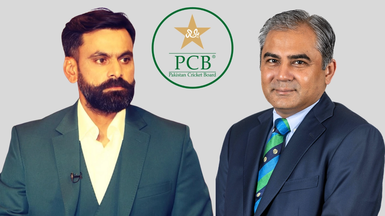 Mohsin Naqvi and Mohammad Hafeez in formal attire with Pakistan Cricket Board (PCB) logo in the center on a grey background.