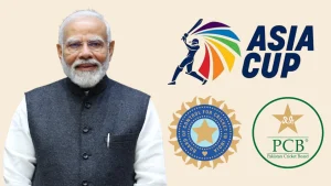 Indian Prime Minister Narendra Modi with Asia Cup 2025 logo, and emblems of BCCI and PCB, symbolizing cricket diplomacy between India and Pakistan.