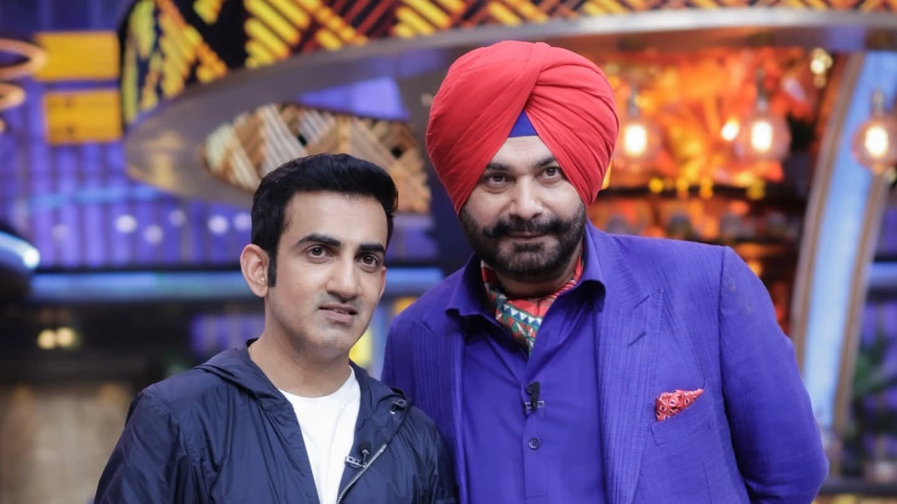 Navjot Singh Sidhu and Gautam Gambhir posing together on a vibrant TV show set