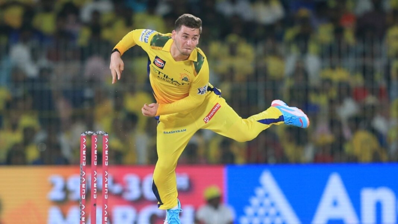 Noor Ahmad bowling for Chennai Super Kings during an IPL match
