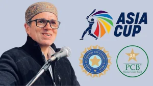 Omar Abdullah speaking at a microphone with Asia Cup, BCCI, and PCB logos displayed in the background