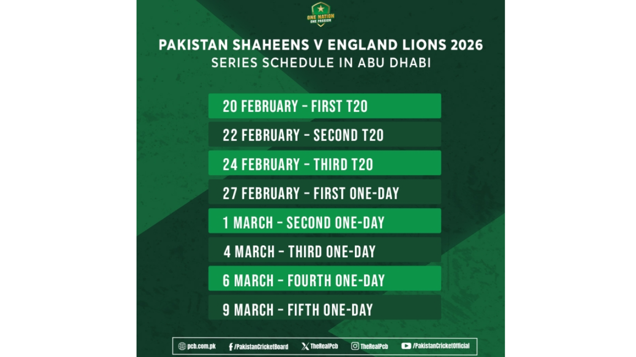 Full match schedule for the 2026 Pakistan Shaheens vs England Lions series in Abu Dhabi, featuring three T20s from February 20–24 and five one-day matches from February 27 to March 9.