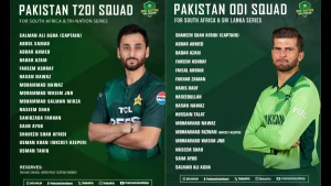 Graphic showing Pakistan's T20I and ODI squads for the 2025 South Africa and Sri Lanka series, featuring captains Shaheen Shah Afridi and Salman Ali Agha with full player lists.