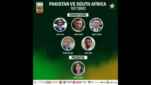 Pakistan vs South Africa Test series commentator panel featuring Ramiz Raja, Aamir Sohail, Waqar Younis, Shaun Pollock, Bazid Khan, and presenter Zainab Abbas