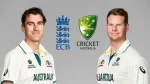 Pat Cummins and Steve Smith in Australia Test jerseys with Cricket Australia and ECB logos, highlighting the Australia vs England cricket rivalry.