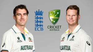 Pat Cummins and Steve Smith in Australia Test jerseys with Cricket Australia and ECB logos, highlighting the Australia vs England cricket rivalry.