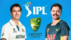 Pat Cummins and Travis Head with Cricket Australia and IPL logos on a blue background