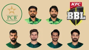 PCB and BBL logos with Pakistani cricketers Babar Azam, Muhammad Rizwan, Shaheen Shah Afridi, Shadab Khan, Hasan Ali, and Haris Rauf