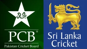 Logos of the Pakistan Cricket Board (PCB) and Sri Lanka Cricket side by side on green and blue backgrounds.