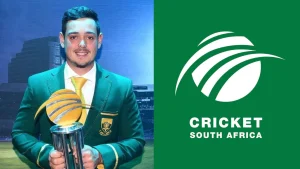 Quinton de Kock holding a cricket trophy in front of the Cricket South Africa logo