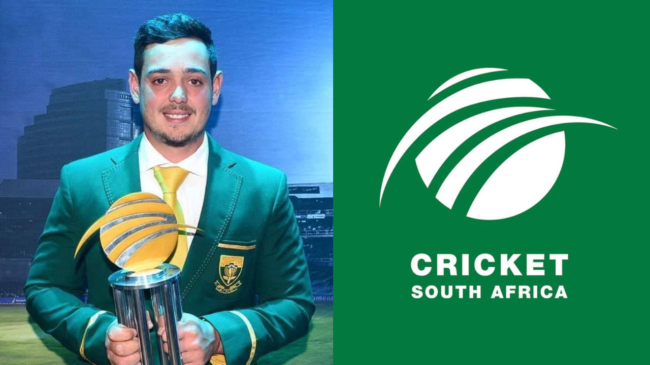 Quinton de Kock holding a cricket trophy in front of the Cricket South Africa logo