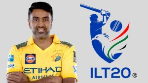 Indian cricketer Ravi Ashwin in Chennai Super Kings jersey alongside the ILT20 league logo, representing cricket crossover in 2025.