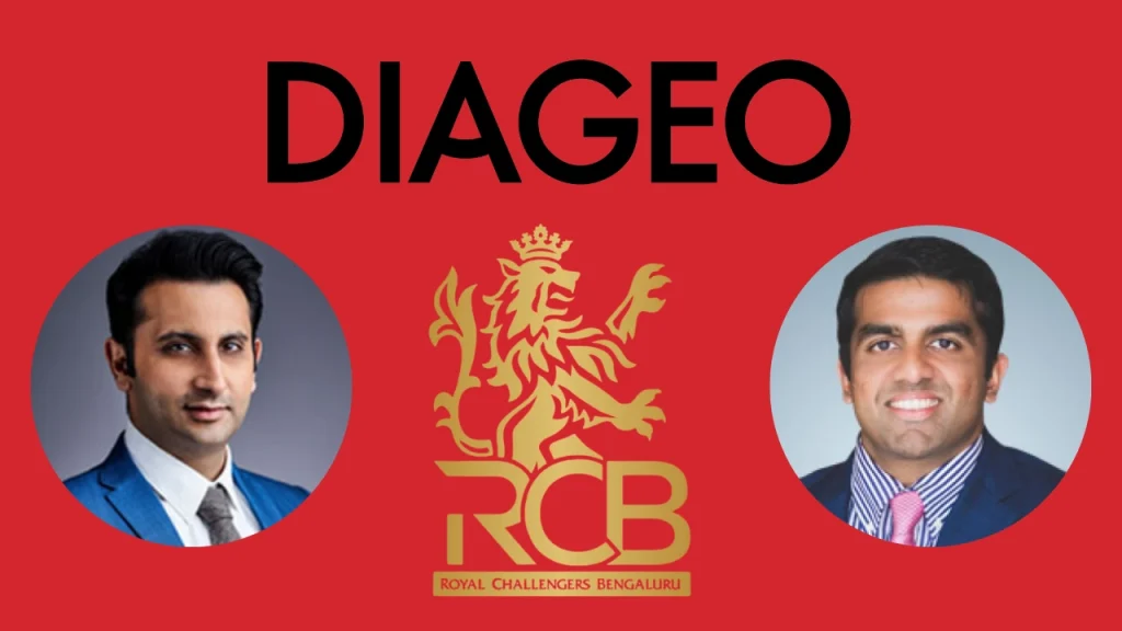Diageo and Royal Challengers Bengaluru (RCB) logos with portraits of Parth Jindal and Adar Poonawalla, indicating ownership or leadership involvement.