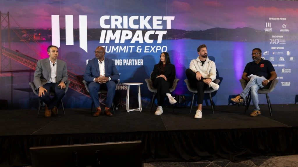 Panel discussion titled "Rebuilding the Innings" featuring Walters, Kolan, Liam Plunkett, and Nair at the Cricket Impact Summit and Expo