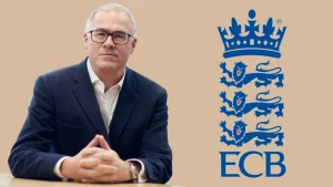 ECB Chief Executive Richard Gould seated beside the England and Wales Cricket Board logo