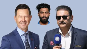 Ricky Ponting and Ravi Shastri in suits with Ravindra Jadeja's portrait between them on a cricket discussion panel