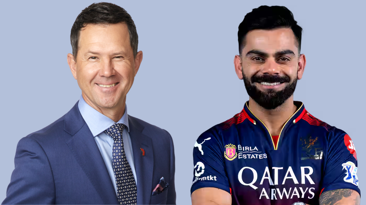 Ricky Ponting in a suit and Virat Kohli in Royal Challengers Bangalore jersey posing side by side on a light blue background.