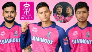 Riyan Parag, Yashasvi Jaiswal, Vaibhav Suryavanshi, and Sid Lahiri with Rajasthan Royals logo, showcasing IPL 2025 youth talent and leadership