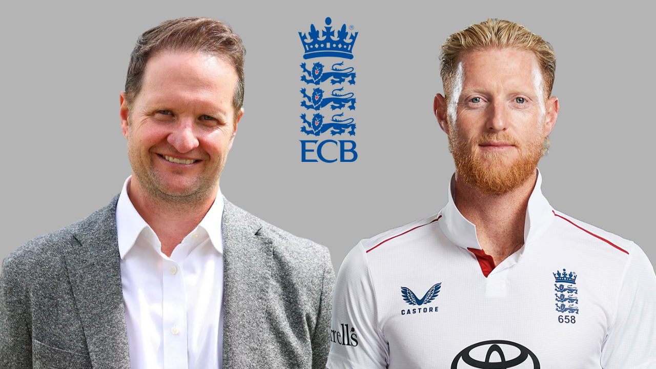 Rob Key and Ben Stokes pictured alongside the England and Wales Cricket Board (ECB) logo in a cricket leadership context