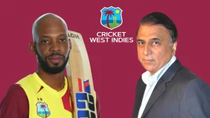 Roston Chase with a cricket bat and Sunil Gavaskar in a suit, featured beside the Cricket West Indies logo on a maroon background.
